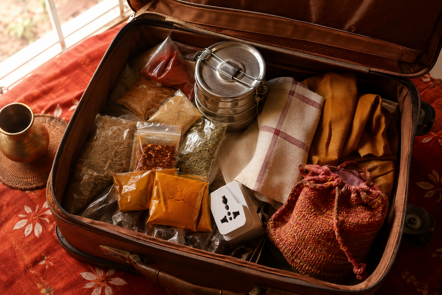 An open suitcase packed with Indian kitchen essentials, spices, and travel items, ready for a flight abroad